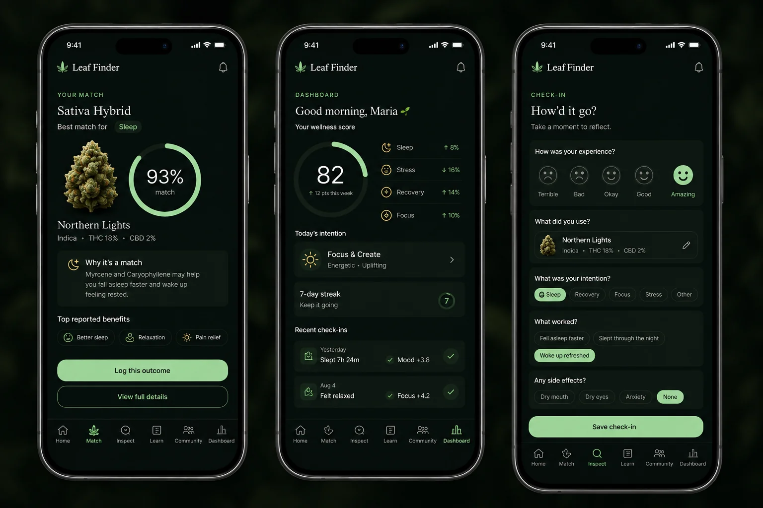 Leaf Finder app screens: your match, dashboard, and check-in